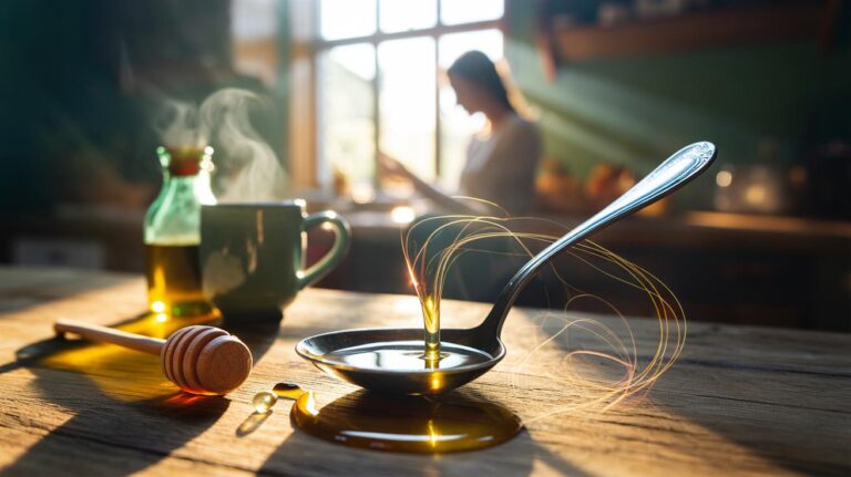 Illustration of a single morning spoonful (extra virgin olive oil, omega-3 oil, or raw honey) described by neuroscientists as influencing mood