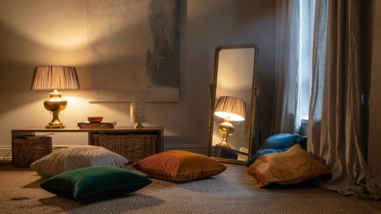 Illustration of a space transformed by top interior designers using three key accessories: layered lighting, tactile textiles, and statement art and mirrors