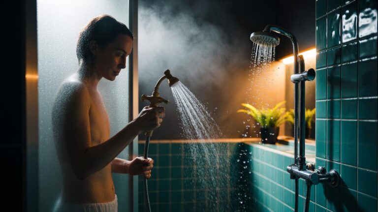 Illustration of a person using a pump-up garden sprayer in the shower to save water