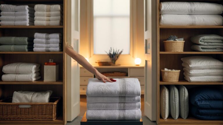 Illustration of a neatly organised linen closet arranged with folded towels, bedding sets in pillowcases, labelled baskets, and zoned shelves following a four-step method