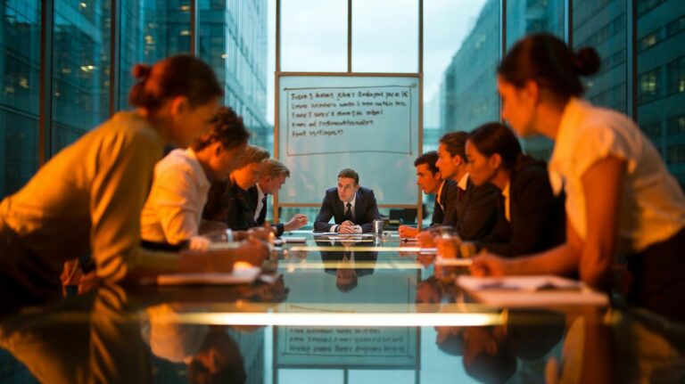 Illustration of a team meeting with a visible ten-word decision question on a whiteboard