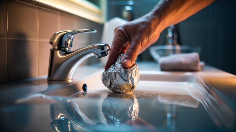 Illustration of an aluminium foil ball being used with water to polish a chrome fixture to a mirror shine