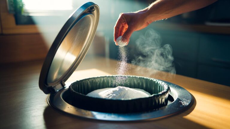 Illustration of baking soda being sprinkled into a kitchen bin to absorb odours within seconds of application