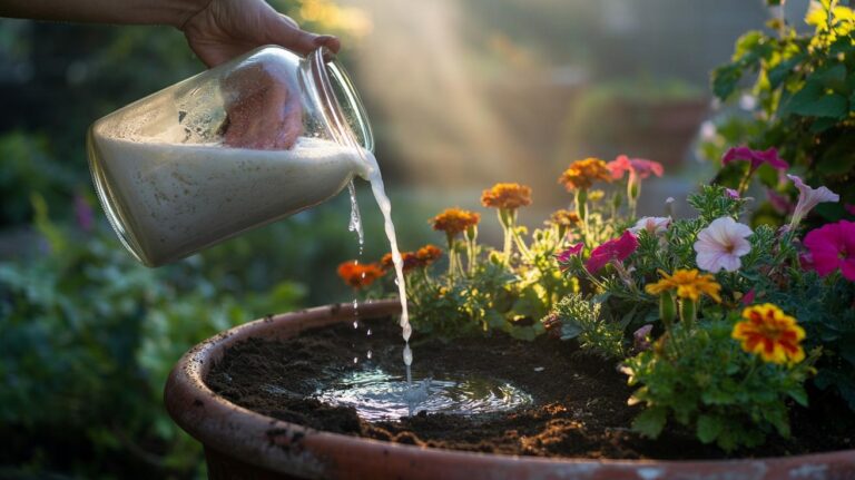 Illustration of rice water being poured around flowering plants in a container garden to encourage an overnight bloom