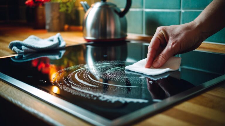 Illustration of a hand using a dryer sheet to clean a cool, switched-off stovetop, lifting grease without harsh scrubbing