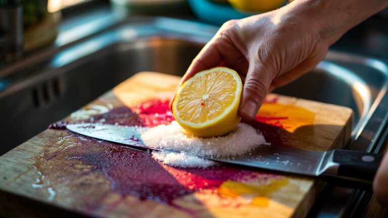 Illustration of a lemon half scrubbing ingrained stains from a wooden chopping board with coarse salt, showing how citric acid lifts marks.