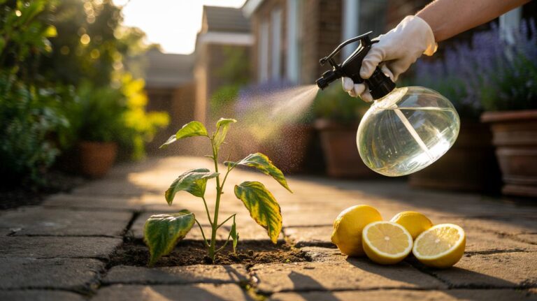 Illustration of lemon juice rich in citric acid being sprayed immediately onto young weeds in paving cracks for fast contact control on garden paths