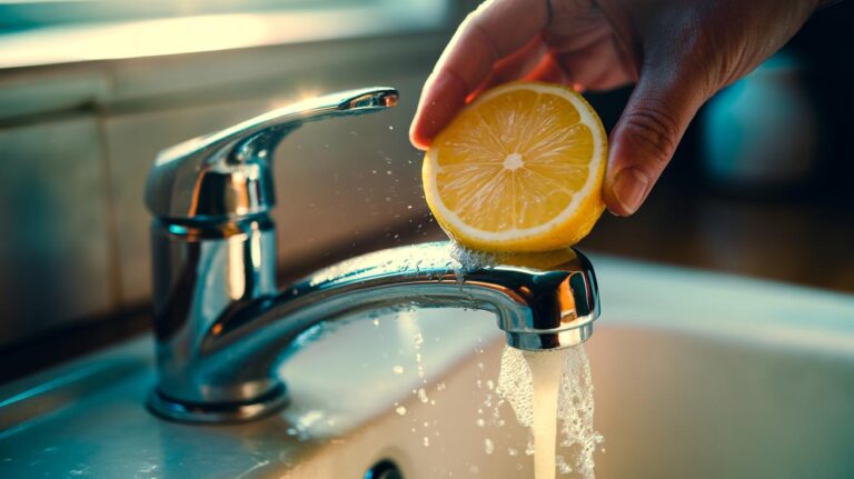 Illustration of a lemon slice being rubbed on a chrome tap to dissolve limescale with citric acid and restore shine