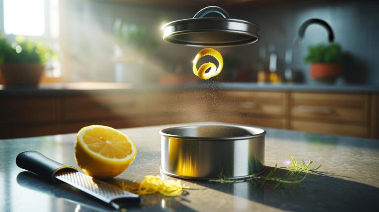 Illustration of lemon zest eliminating bin odours with natural citrus oils, freshening a kitchen bin instantly