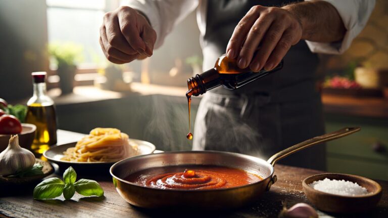 Illustration of colatura di alici being added to authentic Italian pasta sauce by a master chef