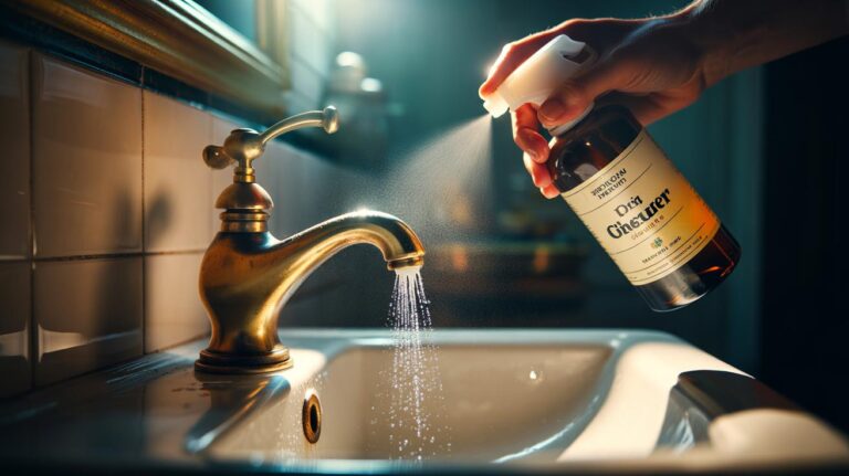 Illustration of a hand misting white vinegar onto a tarnished brass tap and buffing it to a gleaming finish