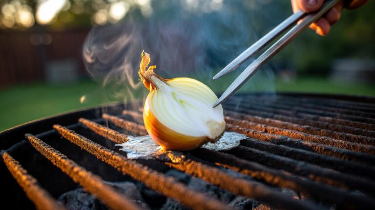 Illustration of a halved onion being rubbed across rusty grill racks to loosen iron oxide with natural sulphur compounds, without scrubbing