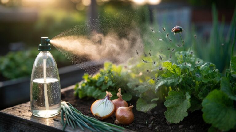 Illustration of onion juice spray being applied to garden plants to repel aphids and other insects