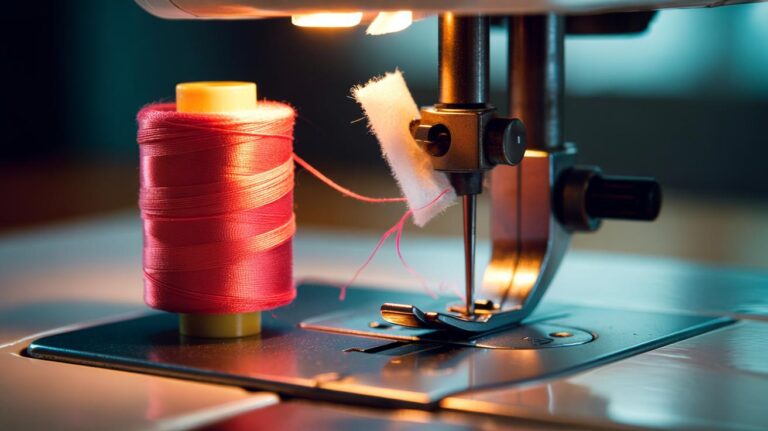 Illustration of a thread spool on a sewing machine with a folded dryer sheet tucked between the spool and cap to reduce static and prevent mid-sewing knots