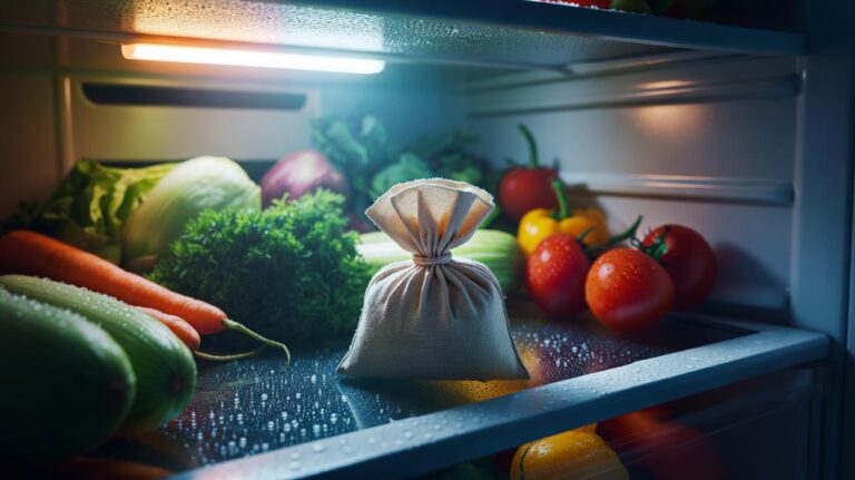 Illustration of a sealed pouch of table salt placed in a refrigerator crisper drawer beside fresh vegetables to reduce humidity and slow decay