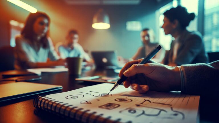 Illustration of a professional doodling simple shapes and arrows in a notebook at their desk during a meeting, supporting attention, memory, and creativity