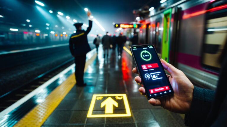 Illustration of attention bias triggering instant compliance via salient cues such as authority signage, countdown timers, and social proof in public spaces and on smartphone screens