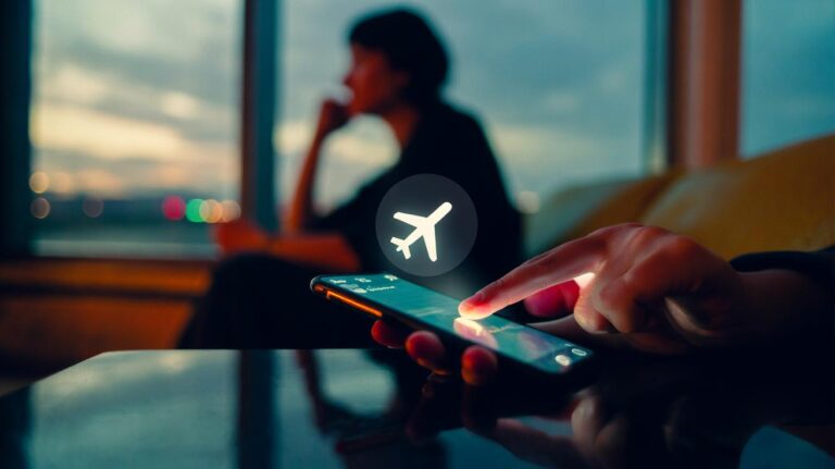 Illustration of toggling Airplane Mode on a smartphone to disconnect from notifications and regain calm