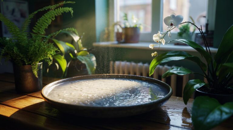 Illustration of saturated rice in a shallow tray placed near indoor houseplants to raise local humidity and create a gentle microclimate