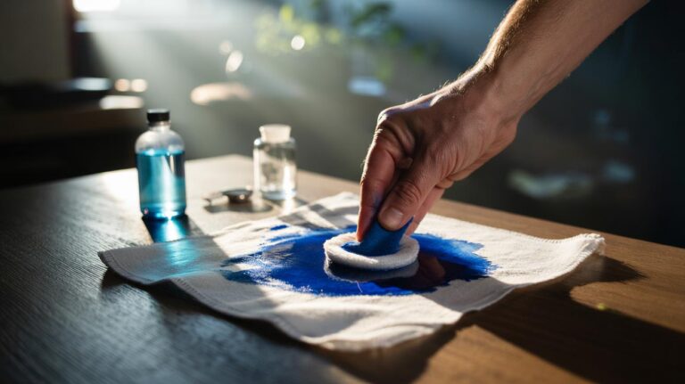 Illustration of a hand applying rubbing alcohol with a cotton pad to lift an ink stain from fabric using solubility