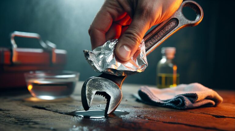 Illustration of aluminium foil being rubbed on a rusty tool to remove rust and restore shine