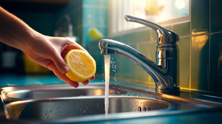 Illustration of a hand rubbing a halved lemon on a chrome tap to dissolve limescale and remove water spots