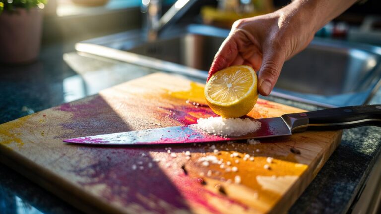 Illustration of coarse salt rubbed on a stained cutting board to lift stubborn marks