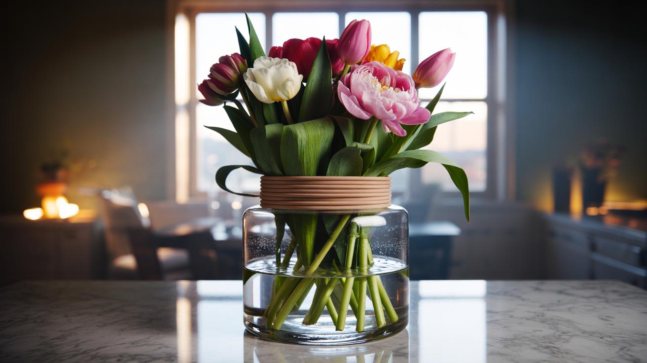 Rubber band around vase stops flowers drooping all day : how simple tension secures stems and prevents toppling