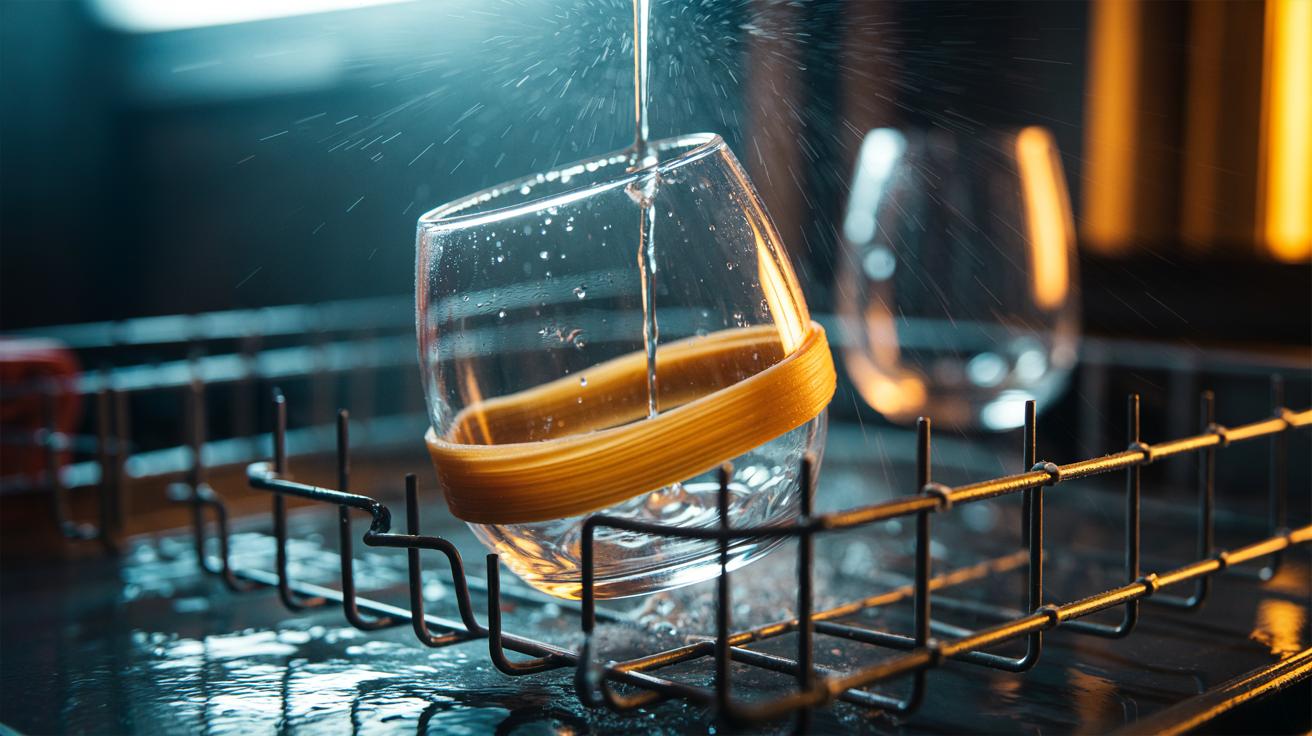 Rubber band secures glasses on dish rack perfectly : why simple tension avoids breakages during wash cycle