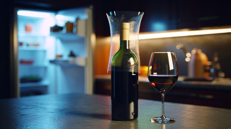 Illustration of a wine bottle sealed with cling film secured by a rubber band to preserve freshness overnight