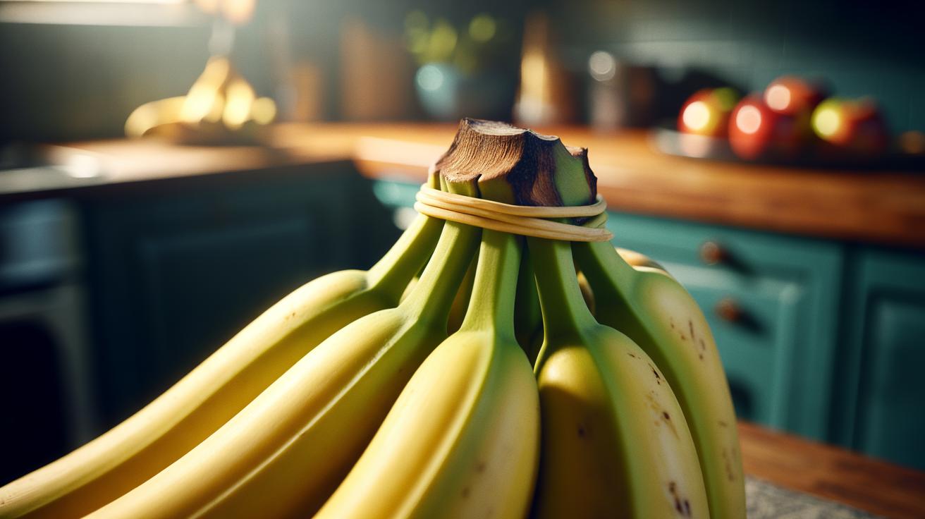 Illustration of a bunch of bananas with a rubber band twisted around the crown to slow ripening