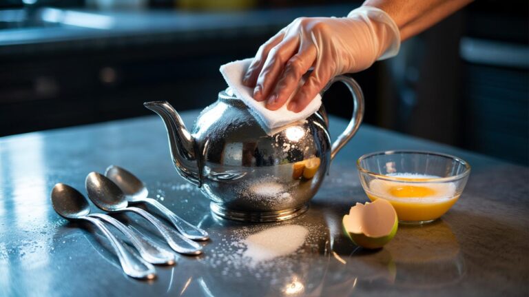 Illustration of salt and egg white being used to remove tarnish from silver and restore shine