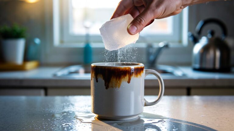 Illustration of a hand using salt and an ice cube to remove coffee stains from a white ceramic mug