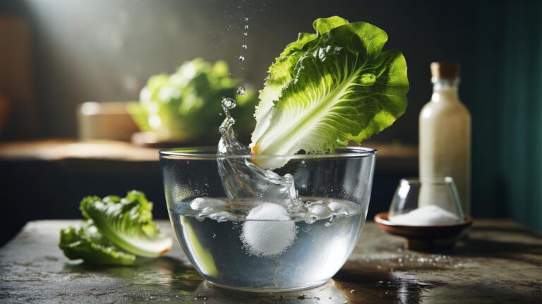 Illustration of salt and vinegar reviving wilted lettuce in an ice-cold water bath through osmotic action