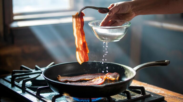 Illustration of a salt rinse technique that keeps bacon crisp while frying by using sodium to absorb excess grease