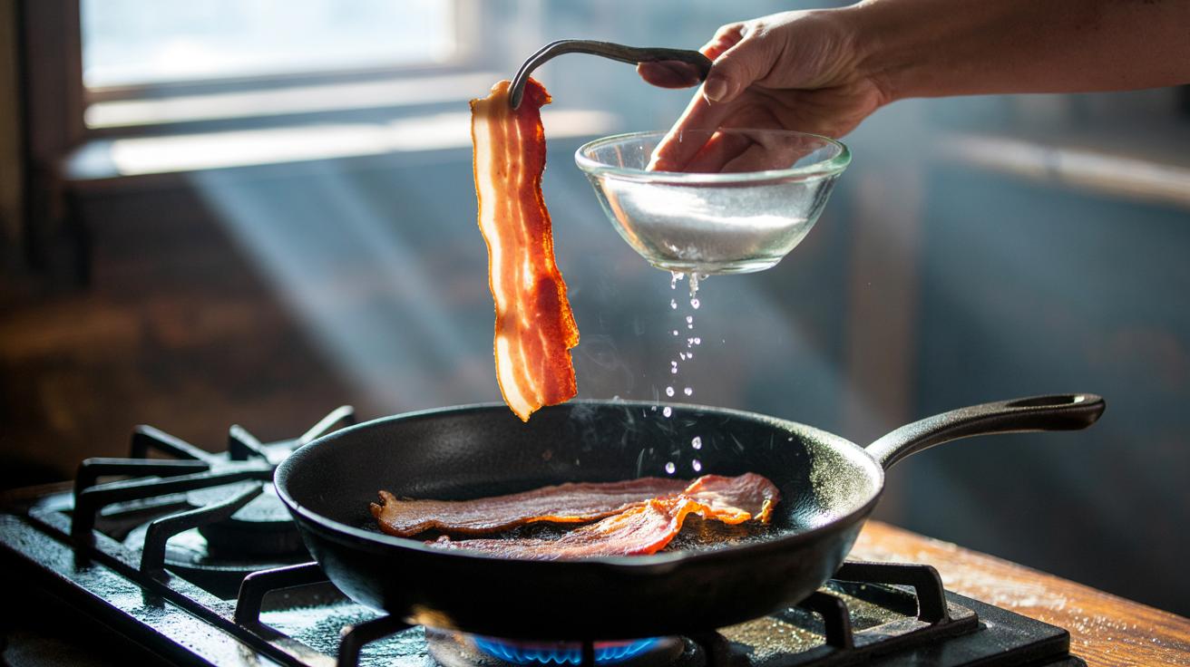 Salt rinse keeps bacon crisp during cooking without effort : how sodium absorbs excess grease while frying