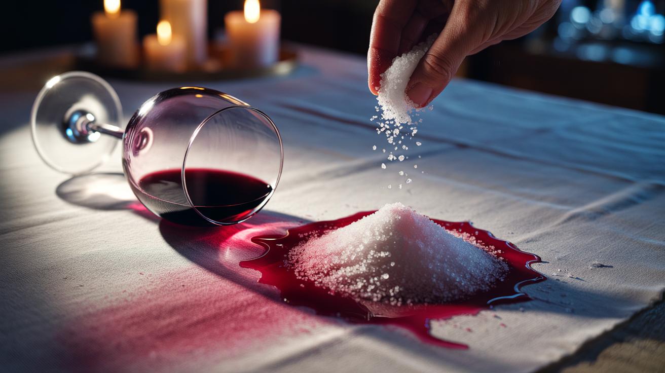 Illustration of salt crystals covering a fresh red wine stain on a white cloth, drawing pigment out of the fabric.