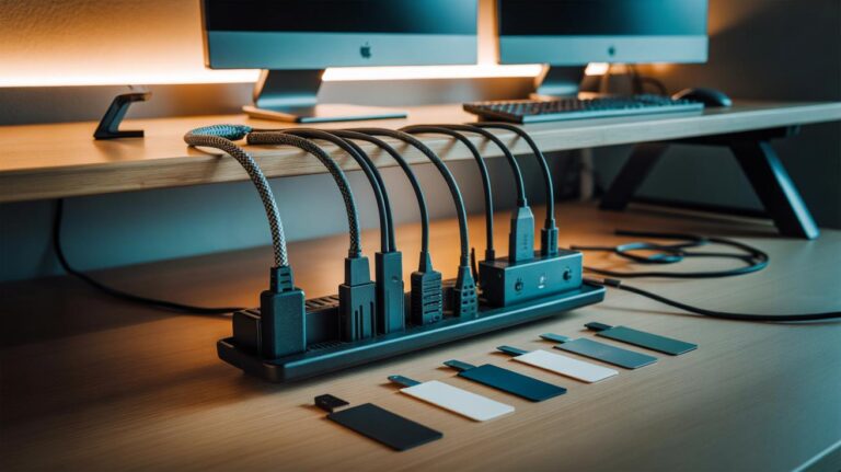 Illustration of an under-desk cable management setup with a cable tray holding a surge-protected power strip and neatly routed, Velcro-tied, labeled cables behind a computer workstation