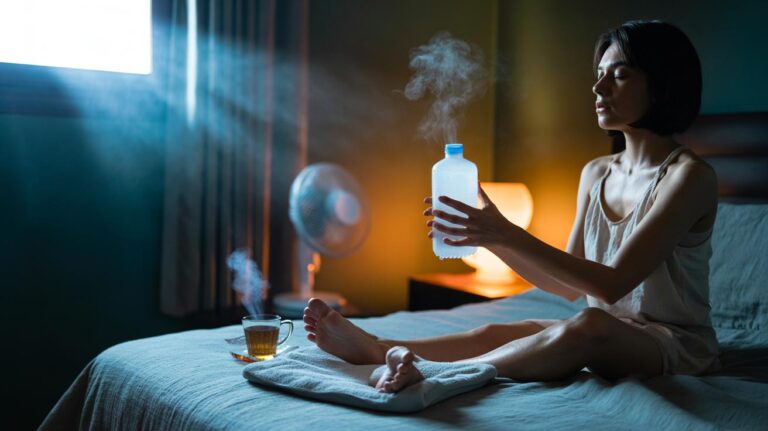 Illustration of natural sleep remedies for night sweats, including palm and sole cooling, calming breathwork, and a cup of sage tea by the bedside