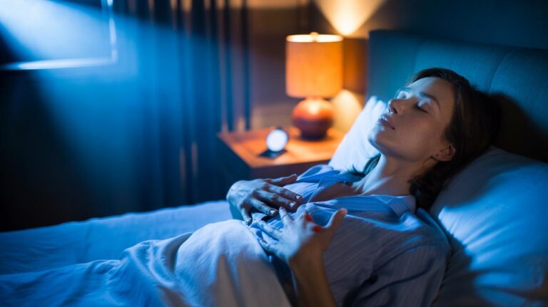 Illustration of a person lying in a calm, dark bedroom practicing 4-7-8 breathing and progressive muscle release as part of a doctor-recommended method to fall asleep in minutes