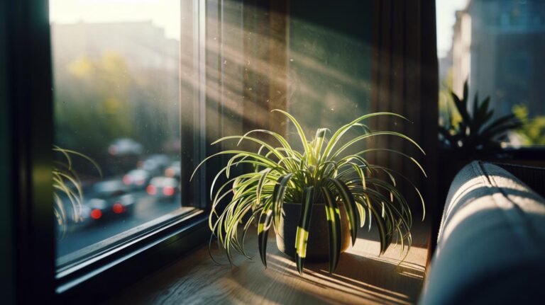 Illustration of a spider plant (Chlorophytum comosum) indoors acting as a natural air purifier