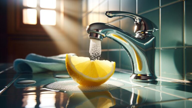 Illustration of a lemon wedge pressed against a chrome tap to dissolve limescale deposits