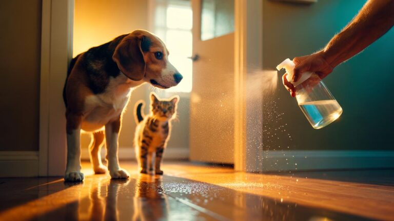 Illustration of spraying diluted white vinegar on floors to deter dogs and cats from marking by disrupting odour cues