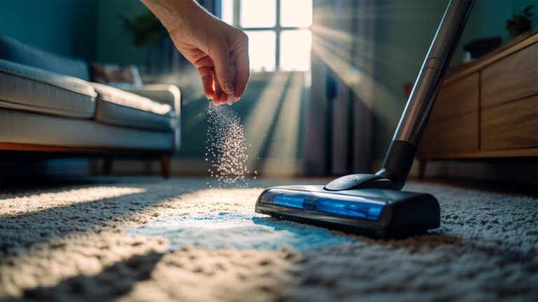 Illustration of baking soda being sprinkled on a carpet before vacuuming to enhance dust extraction
