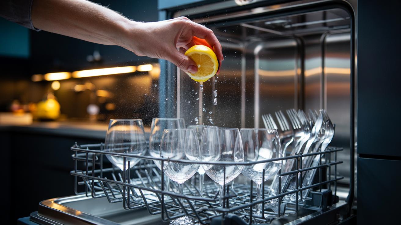 Illustration of squeezing fresh lemon juice into a dishwasher to gently dissolve residue and leave dishes sparkling