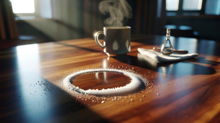 Illustration of salt sprinkled over a fresh white water ring on a wooden table to extract moisture and remove the stain
