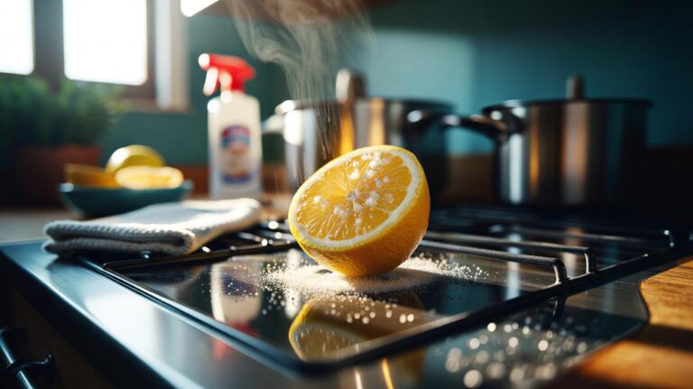 Illustration of a halved lemon cleaning greasy residue from a kitchen stovetop