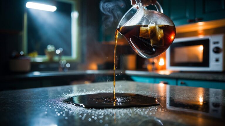 Illustration of microwaved tea bags in a glass jug and the tannin-rich tea being poured into a limescaled kettle to dissolve mineral deposits overnight
