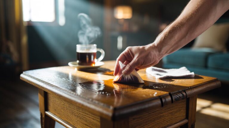 Illustration of a hand wiping an old wooden table with a wrung black tea bag to refresh the surface