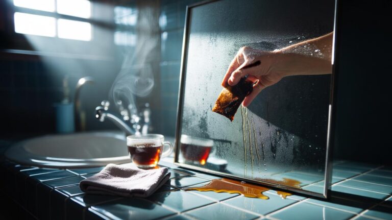 Illustration of a damp black tea bag lifting greasy fingerprints from a bathroom mirror through the action of tannins